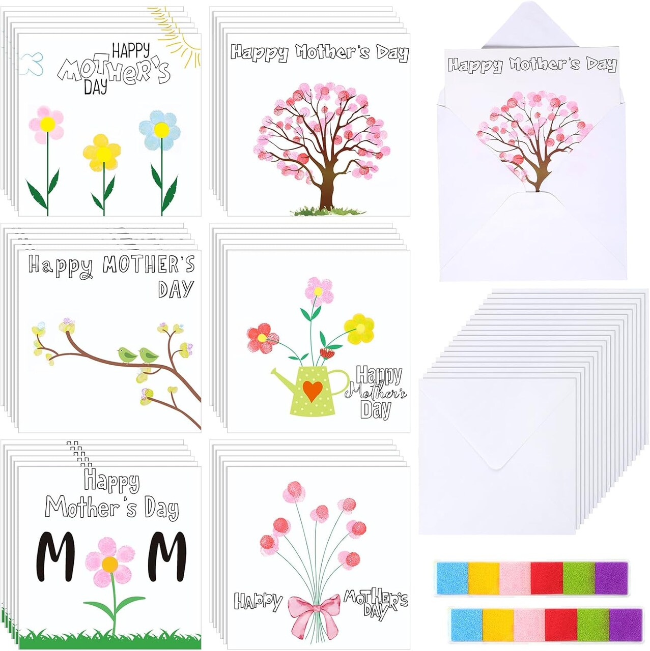 Mother’s Day Card Making Kit – 36 DIY Thumbprint Greeting Cards with Envelopes & Ink Pads, Fun Bulk Craft Set for Kids, Mom Gift & Home Activities